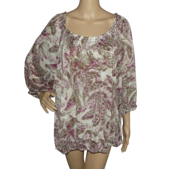 a.n.a. Blouse Womens Size 3X Purple Tan Print Peasant Lightweight Elastic Waist - Picture 2 of 12